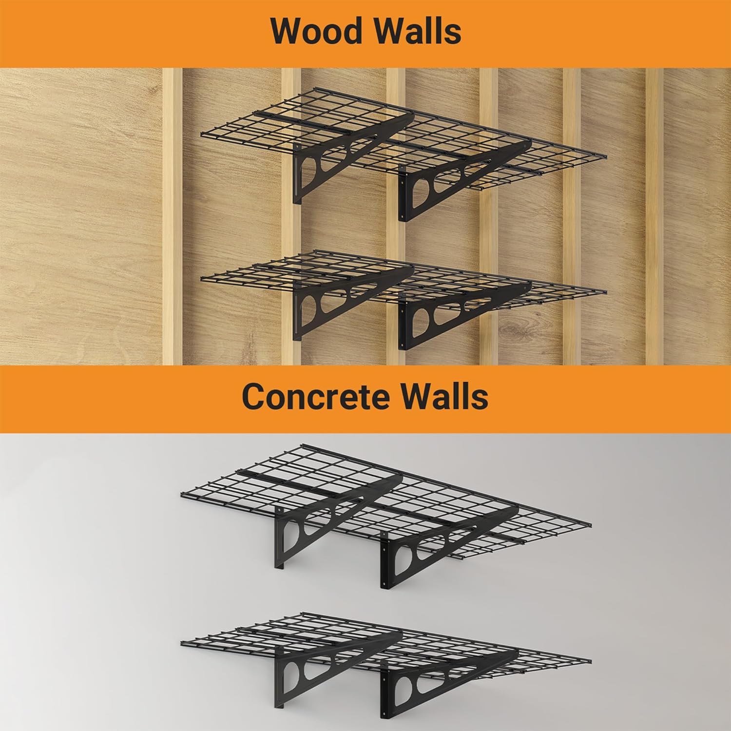2x4 ft Garage Shelving, 2-Pack Wall-Mounted Shelves for Garage, Kitchen, Pantry Storage, 400 lbs Total Load Capacity Wall Shelving, Black