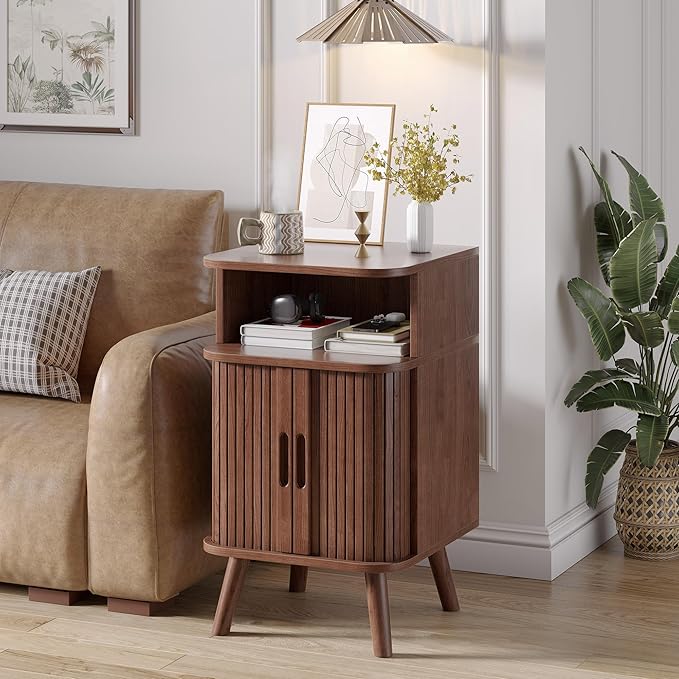 Alohappy Mid Century Modern End Table with Sliding Tambour Door, Fluted Wood Nightstand, Curved Round Edge Side Table with Storage Cabinet for Bedroom, Living Room, Walnut