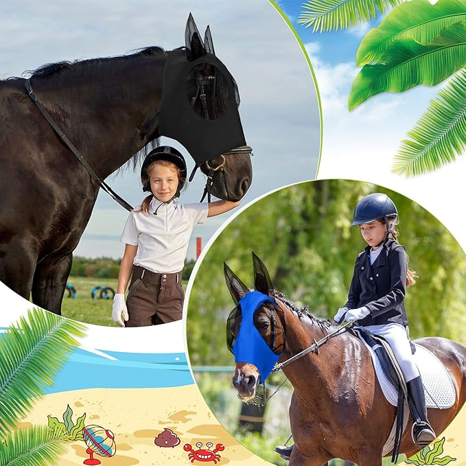 Sadnyy 6 Pcs Horse Fly Masks with Ears Comfort Breathable Mesh Fly Masks Net UV Protection Large Eye Space Full Face Covering Elasticity Soft for Horses(Large)