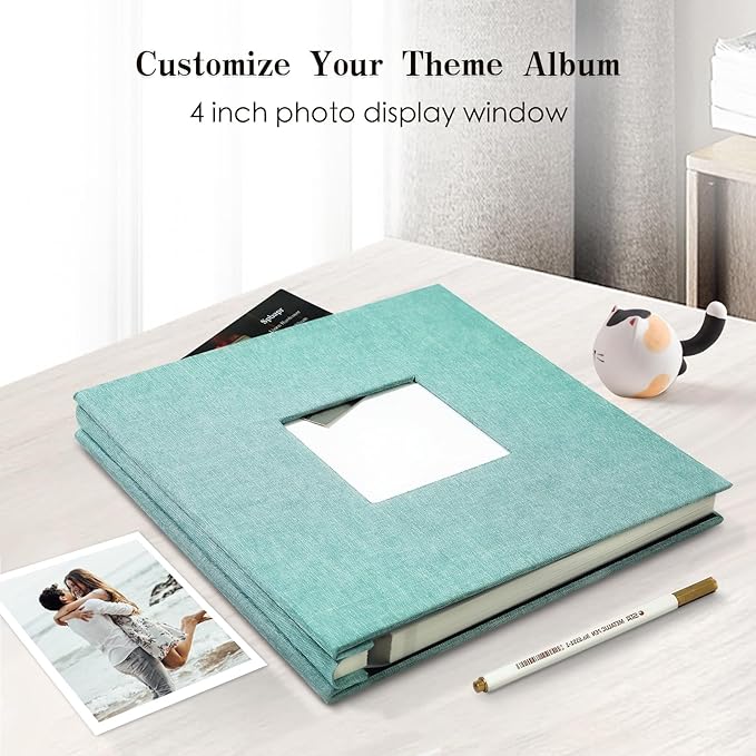 Spbapr Large Photo Album Self Adhesive 3x5 4x6 5x7 8x10 Pictures Magnetic Scrapbook 40 Blank Pages Linen Cover DIY Album with A Metal Pen Turquoise