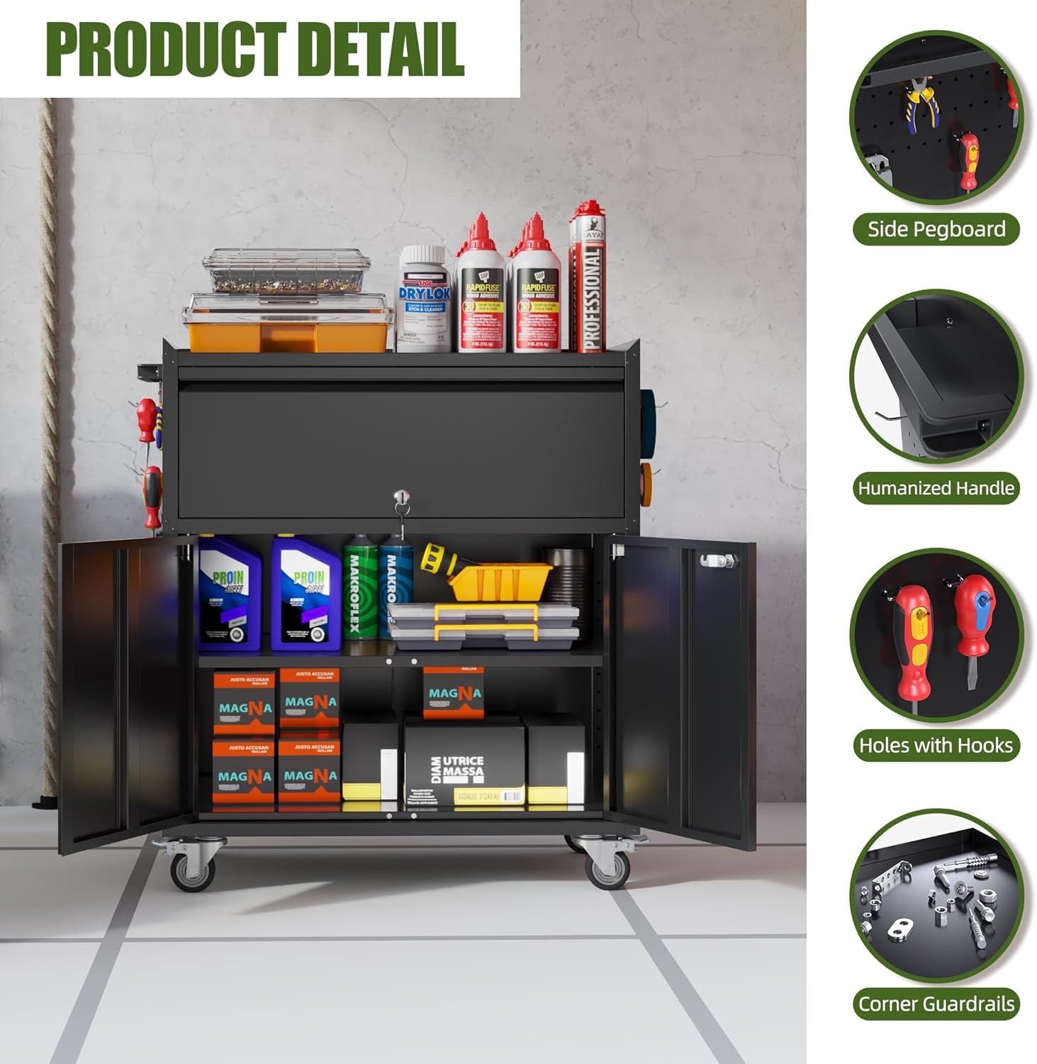 35.43'' H Metal Storage Cabinet on Wheels with 1 Drawer, Rolling Steel Garage Tools Cabinet with Side Pegboard &4 Hooks & 1 Adjustable Shelf for Garage,Shop,Home, Black, Assembly Required