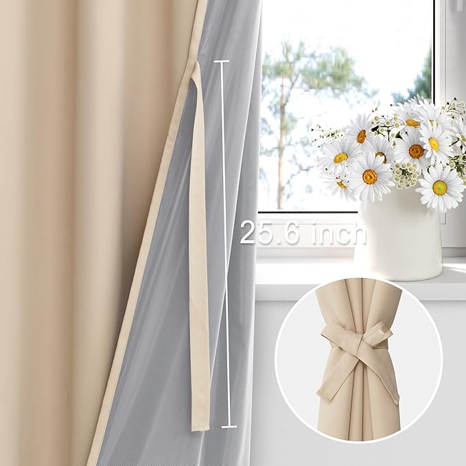 XWZO 100% Blackout Window Curtain Panels with Tiebacks- Noise Reduction and Light Blocking Rod Pocket Curtains with Black Liner for Studio, Basement Room, Biscotti Beige, W52 x L54, Set of 2