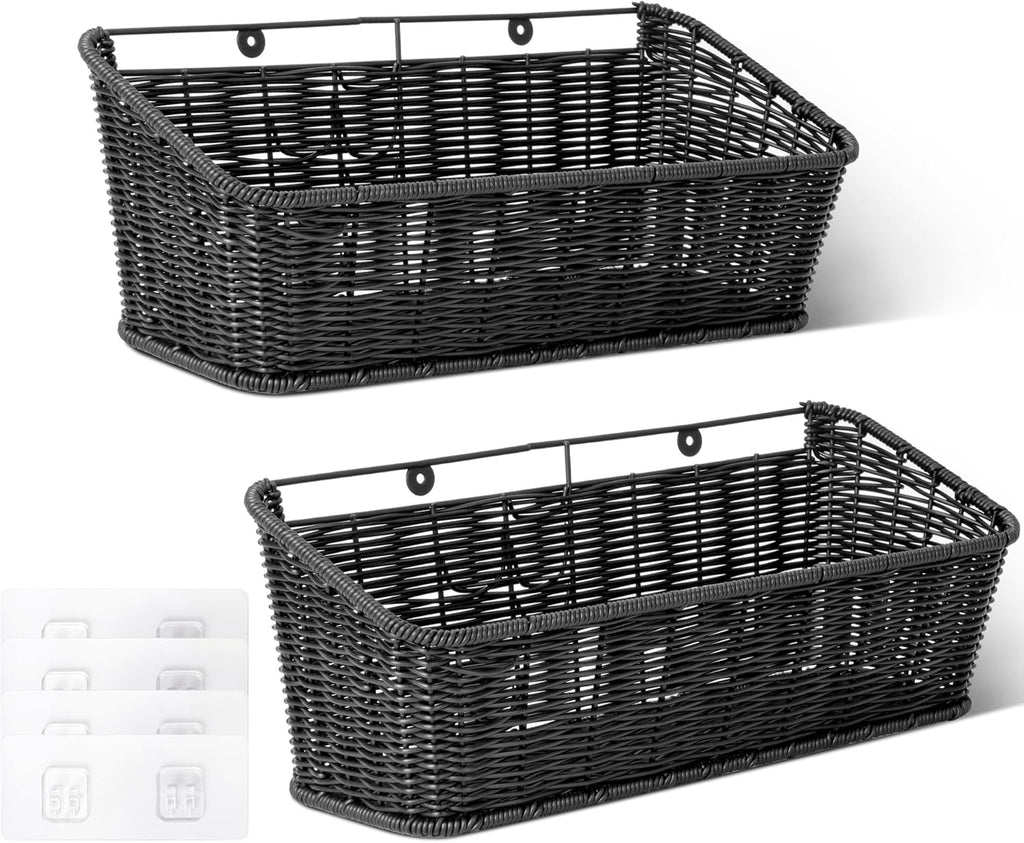 GRANNY SAYS Wicker Hanging Basket, 2 Pack Wall Basket for Kitchen, Fruit and Vegetable Storage Cabinet, Pantry Storage Spice Organization for Cabinet, Adhesive Shelf for Bathroom, Black