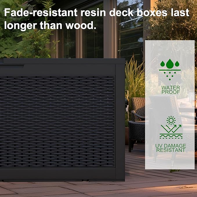 100 Gallon Outdoor Deck Box,Storage Lockable Waterproof Patio Furniture,Garden Tools,Cushions,Pool Accessories Outside Storage Resin Box(Black)