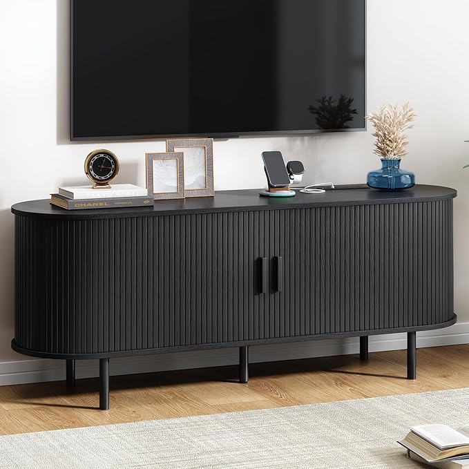 63" TV Stand with Power Outlet, Modern Media Console with Sliding Doors, Entertainment Center for TVs up to 60 Inch, Adjustable Shelves, Black