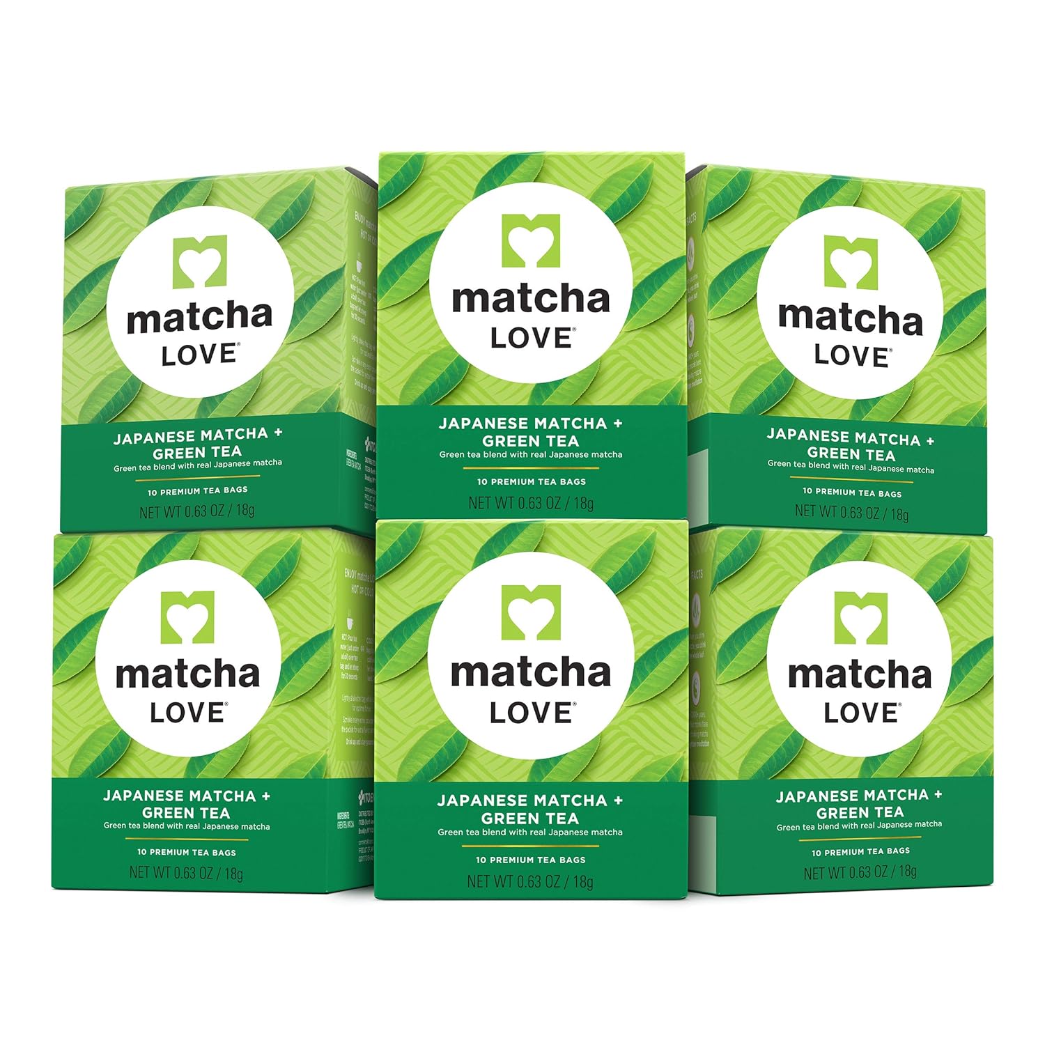 Matcha Love Traditional Green Tea Bags, Organic Japanese Matcha, 10 Bags per Box, Pack of 6