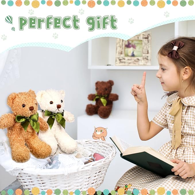 HyDren 12 Pack Bear Stuffed Animals 10 Inch Operation Christmas Bulk Items Small Bear Party Favors Plush Toys for Baby Shower Centerpiece Christmas Birthday Gifts(White, Light Brown, Dark Brown)