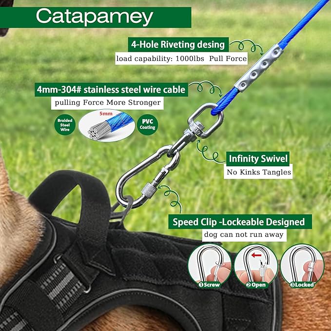 Dog Tie Out Cable and Stake for Yard,(up to 200lbs) 360°Swivel Dog Run Anchors- No Tangle,with 20FT Heavy Duty Tie Out Cable,Runner for Yard,Ideal for Outdoor Camping