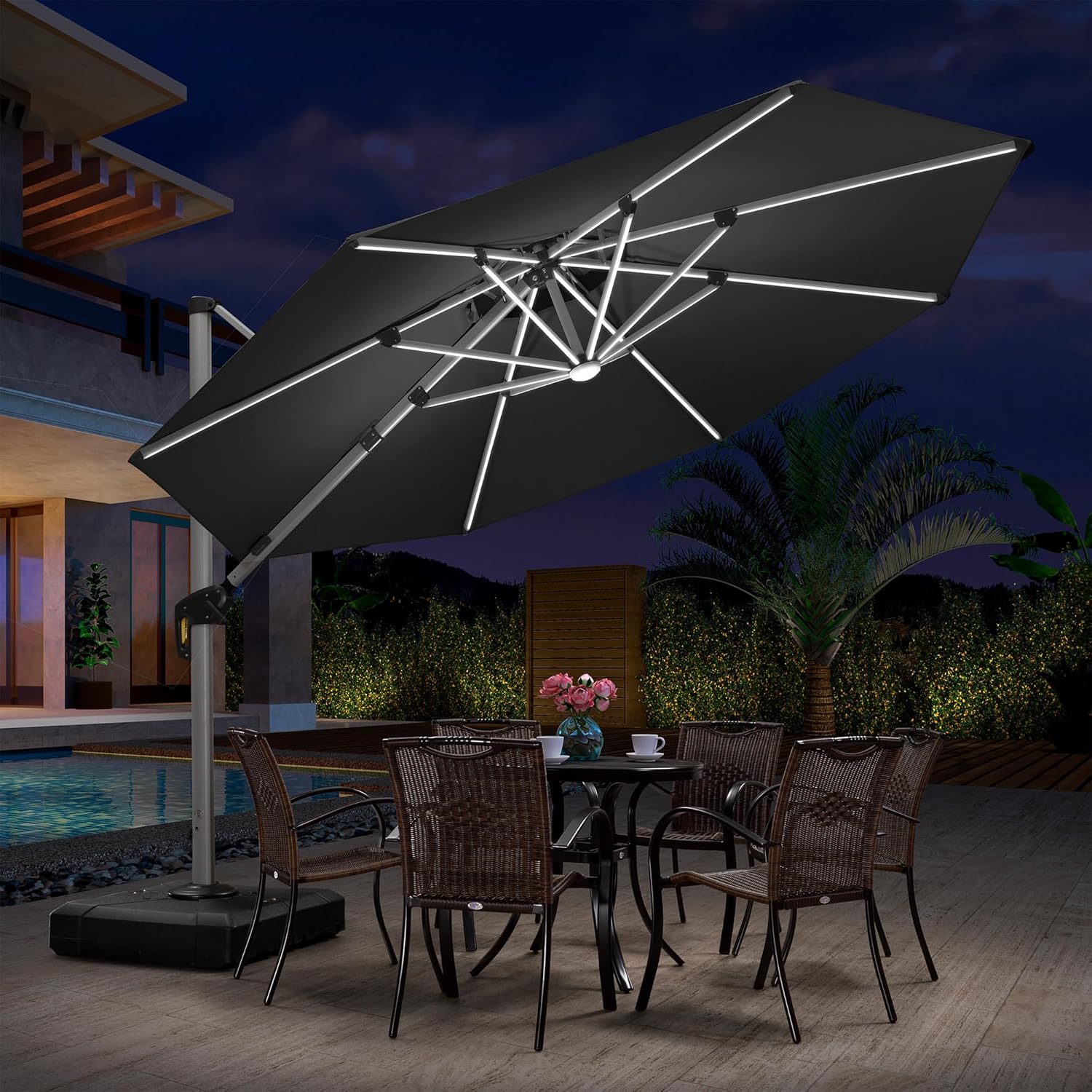 PURPLE LEAF 11ft Patio Umbrella With Base Solar powered LED Cantilever Umbrella with LED lights Windproof Outdoor Offset Umbrella for Garden Deck Pool Patio, Grey