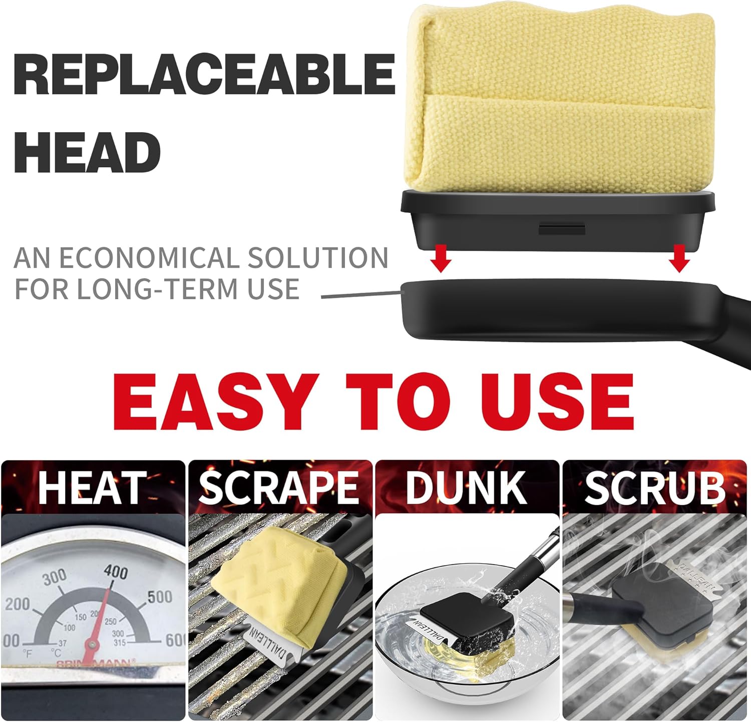 BBQ Grill Brush Bristle Free for Outdoor Grill, Replaceable Head Cleaning Brush, Steam Grate Cleaner, BBQ Cleaning Brush, Scraper for Grill Grates, Safe Barbecue Grill Brush