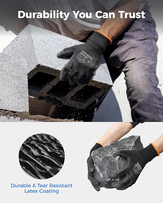 toolant Crinkle Latex Work Gloves Bulk, Rubber Coated Safety Work Gloves for Men and Women, 120 Pairs for Construction, Gardening, Warehouse (Black, Large)