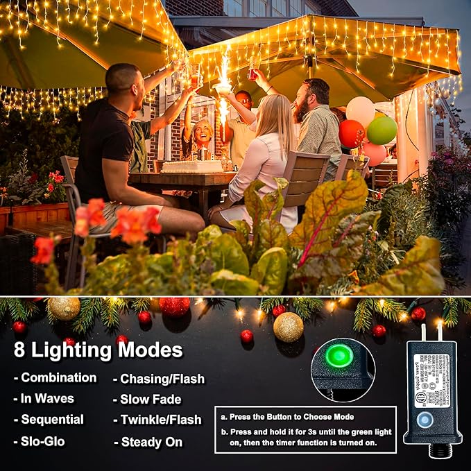 Christmas Icicle Lights Outdoor, 640 LED 66FT Icicle Lights for Outside with 8 Modes Timers, Waterproof Plug in Connectable Christmas Light for House Yard Patio Eave Wedding Decorations, Warm White