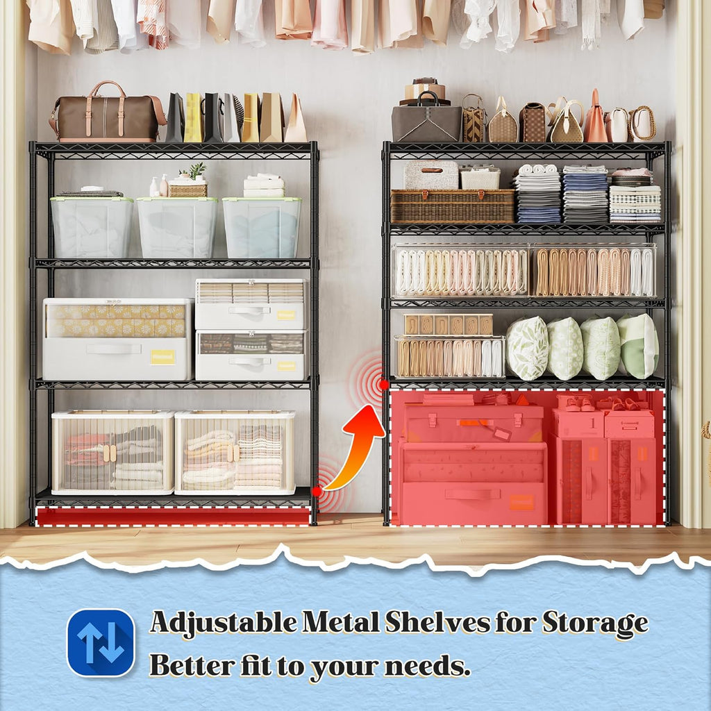 4- Shelf Metal Shelving Unit Adjustable Storage Shelves Heavy Duty Garage Shelving Steel Wire Shelving for Laundry Bathroom Kitchen Pantry Closet Garage Black, 35.6Wx16Dx54H
