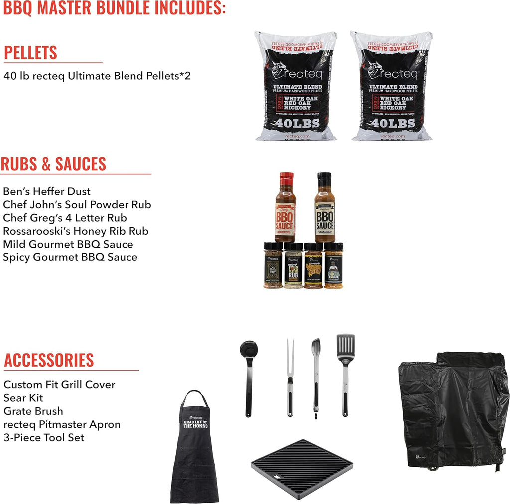 recteq Pellet Grill - Road Warrior 340 + BBQ Master Bundle, Portable Electric Pellet Smoker Grill, BBQ, Wood Pellets, Sear, Smoke, and More