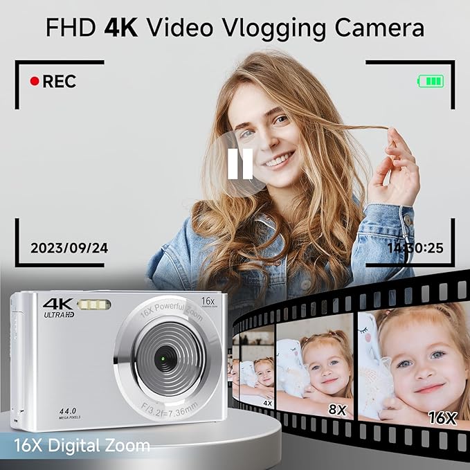 Digital Camera, 2025 4K 44MP Autofocus Digital Cameras for Teens, Silver Point and Shoot Camera for Kids with 16X Zoom, 64GB SD Card, Compact Small for Boys Girls Teens Kids Gift