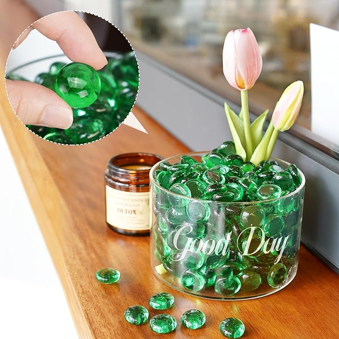 2LB Green Flat Glass Marbles for Vases, Gemstone Beads Vase Filler Decorative Glass Pebbles for Fish Tank, DIY Crafts, Aquarium Decor Rocks