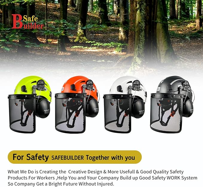 SAFEBUILDER  Forestry Safety Helmet with Build-in Visor Mesh Face Shield Ear Muffs 4 in 1 Chainsaw Safety Hard Hats