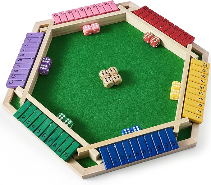 Vamslove Shut The Box Game for 6 Player with 12+4 Dice - Colorful 6 Sided Wooden Board Math Number Games for Kids Adults Families Party Club (Instructions Included)
