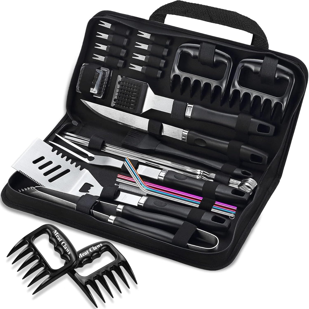 ROMANTICIST 27pcs Heavy Duty Grilling Gifts for Men Dad Fathers Day, Extra Thick BBQ Accessories Tools Set, Stainless Steel Grill Utensils Kit with Meat Claws, Carrying Bag for Outdoor Camping Black