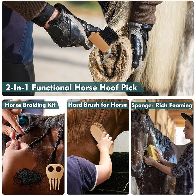Horse Grooming Kit for Bathing, 13Pcs Horse-Brush Set with Mesh Bag, Shower Brushes, Braiding and Curry Comb, Sweat Scraper, Hoof Pick, Shedding Massaging Tool Supplies for Riders Beginners