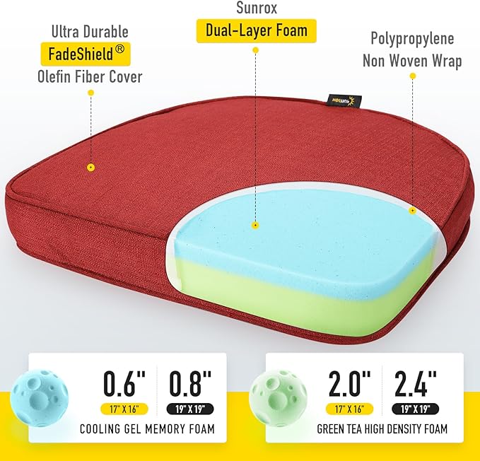 SUNROX Gel Memory Foam Chair Cushions, FadeShield Water-, Stain-Resistant Durable Reversible Seat Cushion Pads with Ties for Indoor/Outdoor Kitchen Dining Office 17"x16" Set of 4, Burgundy