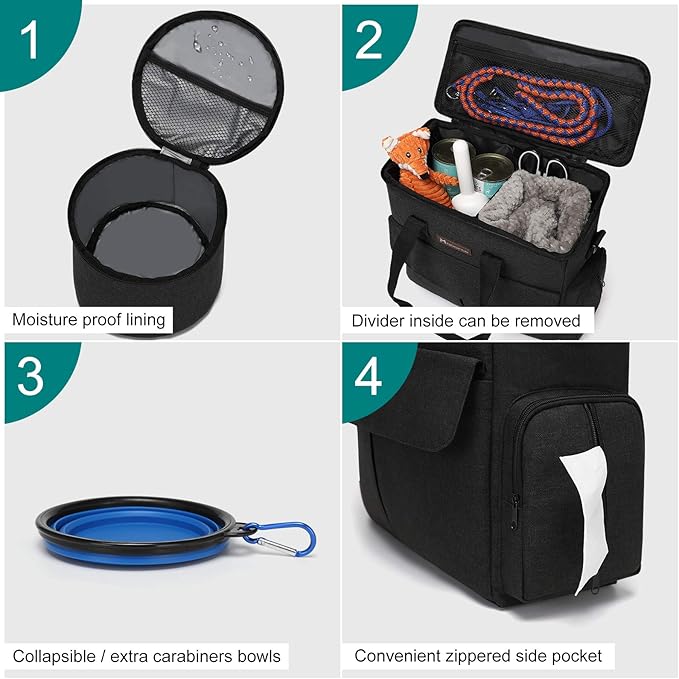 Dog Travel Bag by Modoker - Dog Travel Kit for a Weekend Away Set Includes Pet Travel Bag Organizer for Accessories, 2 Collapsible Bowls, 2 Travel Food Container (Black)
