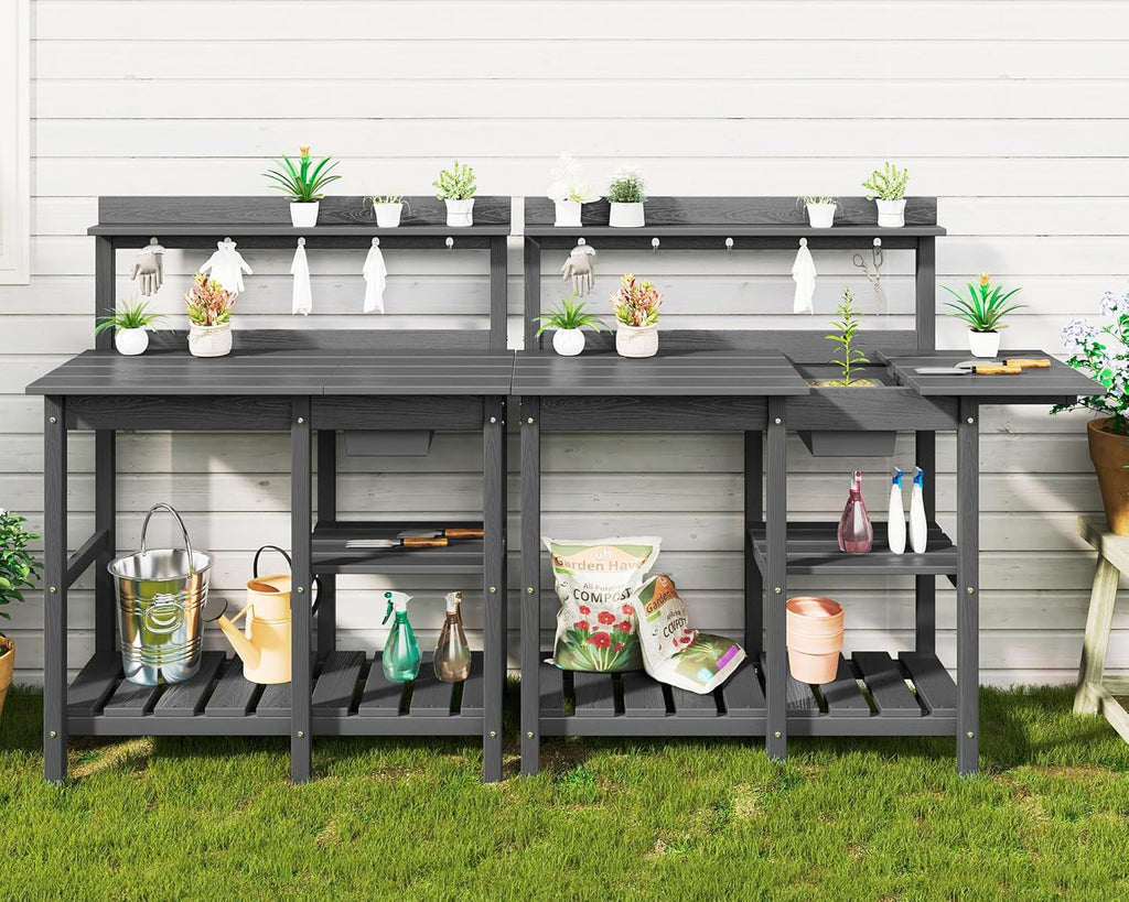 SERWALL Potting Bench Set of 2 Outdoor Potting Table with Sink, HDPE Potting Benches for Outside Gardening Table All Weather Use- Gray