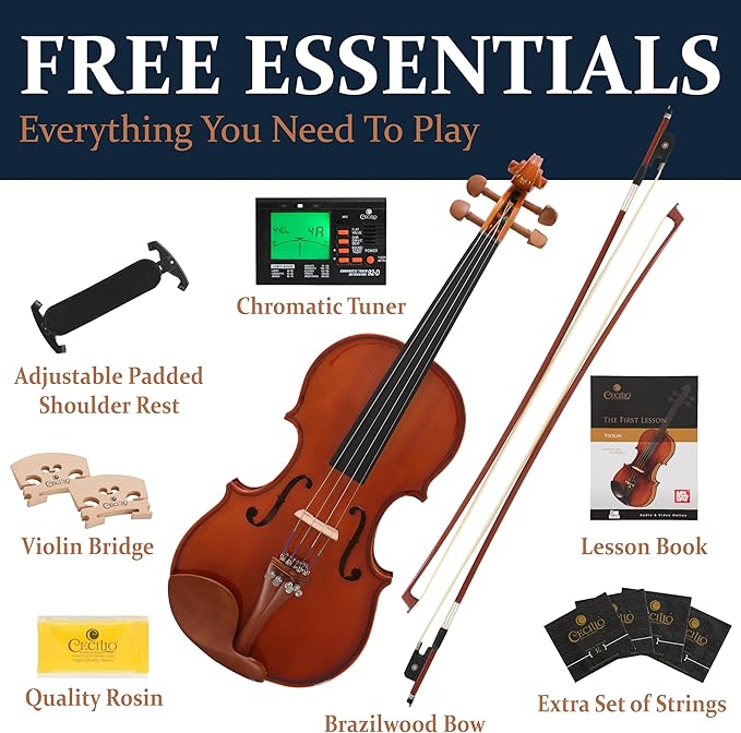 Cecilio 1/2 Size Natural Varnish Violin for Beginners, Hand-Carved Solid Spruce Top, Maple Back & Sides, Full Fiddle Kit with Hard Case, Bows, Rosin, Shoulder Rest, Lesson Book