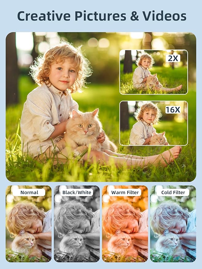 Digital Camera, Camkory FHD 1080P Kids Camera 44MP Point and Shoot Digital Cameras with 32GB SD Card, 16X Zoom, Two Batteries, Lanyard, Compact Small Camera for Kids Boys Girls