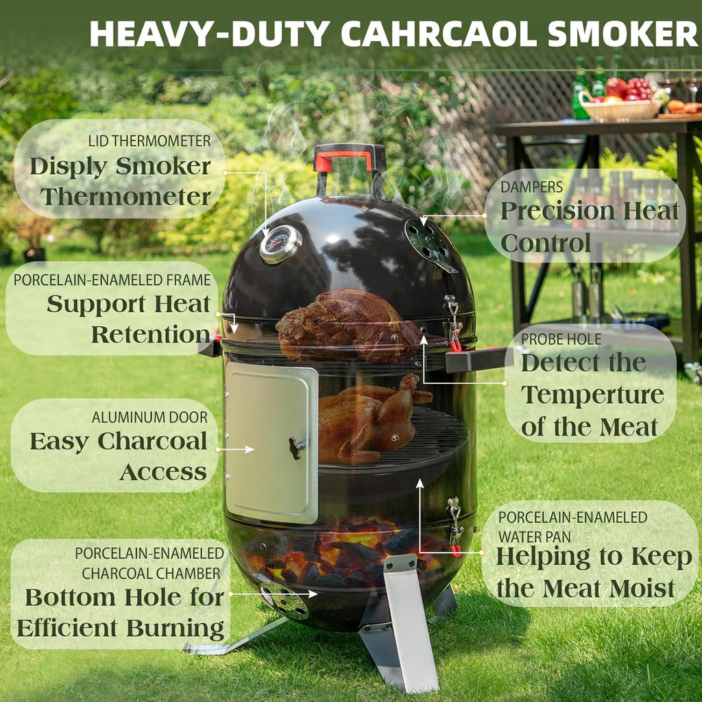 Sophia & William 18-Inch Vertical Charcoal Smokers BBQ Grills with Porcelain-Enameled Smoking Chamber & 2-Layer Smoking Shelves, Outdoor Smokers & Tabletop Grill Combo for Barbecue Camping(Black)