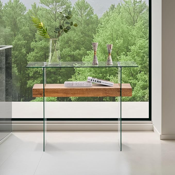 ivinta Glass Console Table with Storage, 39.4" Modern Narrow Entryway Table for Living Room, Entrance, Hallway or Bedroom 5101 (Natural Wood)