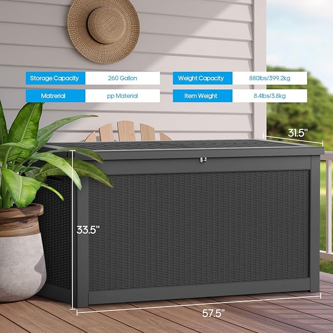 260 Gallon Outdoor Storage Box – Waterproof Deck Box for Garden & Patio,Black