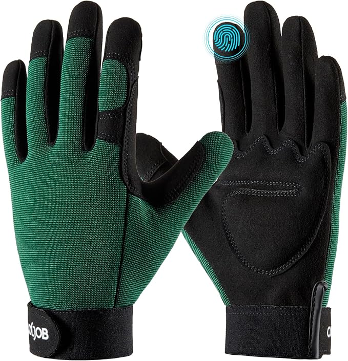 COOLJOB Thorn Proof Garden Gloves with Touchscreen Fingers for Men, Rose Pruning Work Gloves with Palm Cushion for Gardener, Farmer and Landscaper (Green 1 Pair Large)