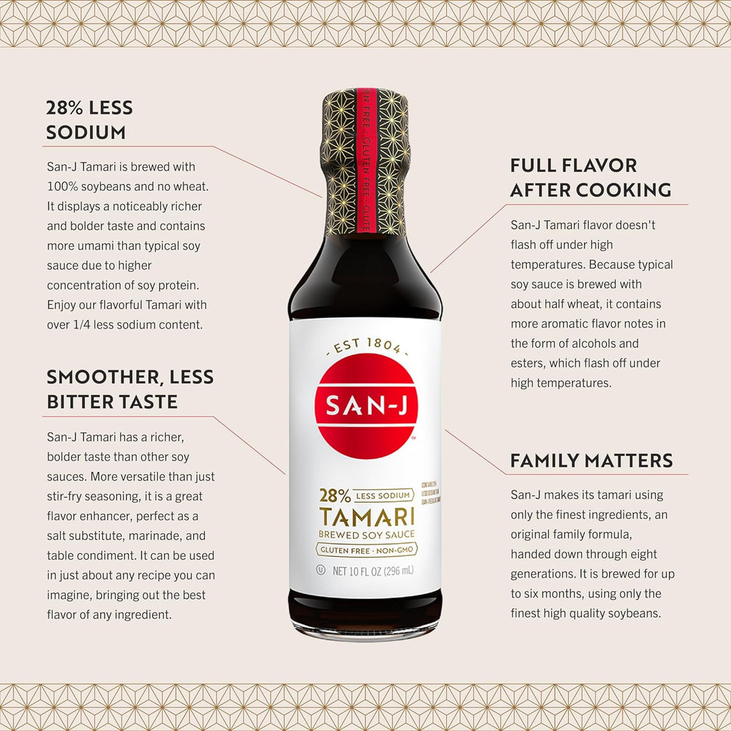San-J Reduced Sodium Tamari Soy Sauce, 6 Pack, 20 oz Glass Bottles