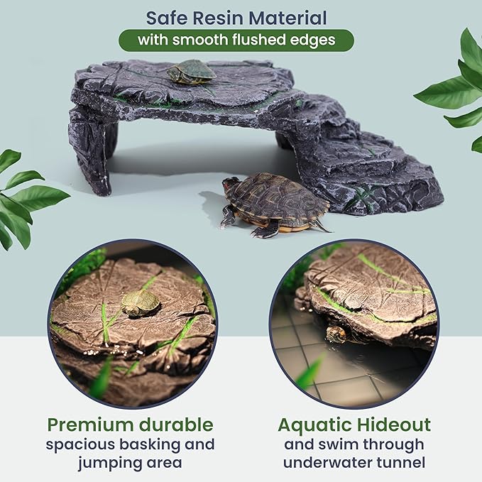 Large Turtle Tank Kit for Aquatic Turtles – Complete Starter Habitat with Filter, UVB Lamp, Basking Platform, Plants, Feeding Ring – Turtle Aquarium Kit (Black)