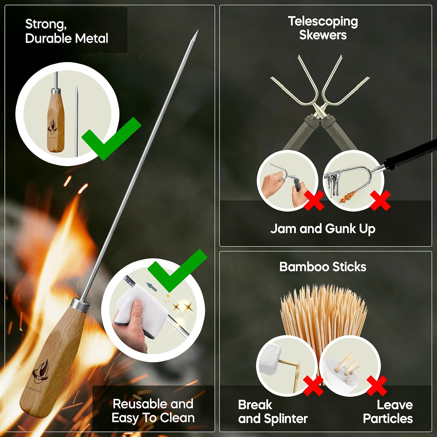Marshmallow Sticks for Fire Pit - 34" Extra Long Roasting Smores Stick - Campfire Metal Skewers Roast Hot Dog Corn BBQ Utensil Holder Kit Outdoor Camping Accessories with Wooden Handle (10-Pack)