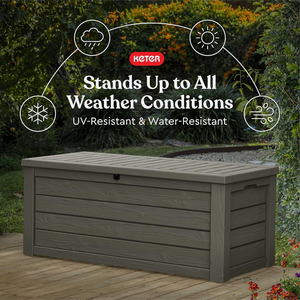Keter Westwood 150 Gallon Resin Large Outdoor Storage Box for Patio Furniture, Outdoor Cushions, Garden Tools and Pool Floats, Mossy Brown