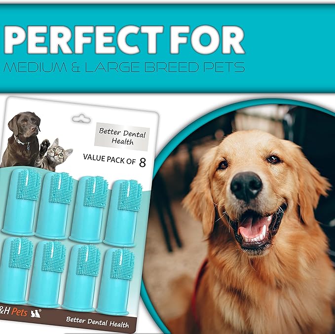 H&H Pets Dog Finger Toothbrushes - Professional Pet Finger Dental Brush Set for Dogs Puppies Cats, Soft Bristles, Size Large 8 Count