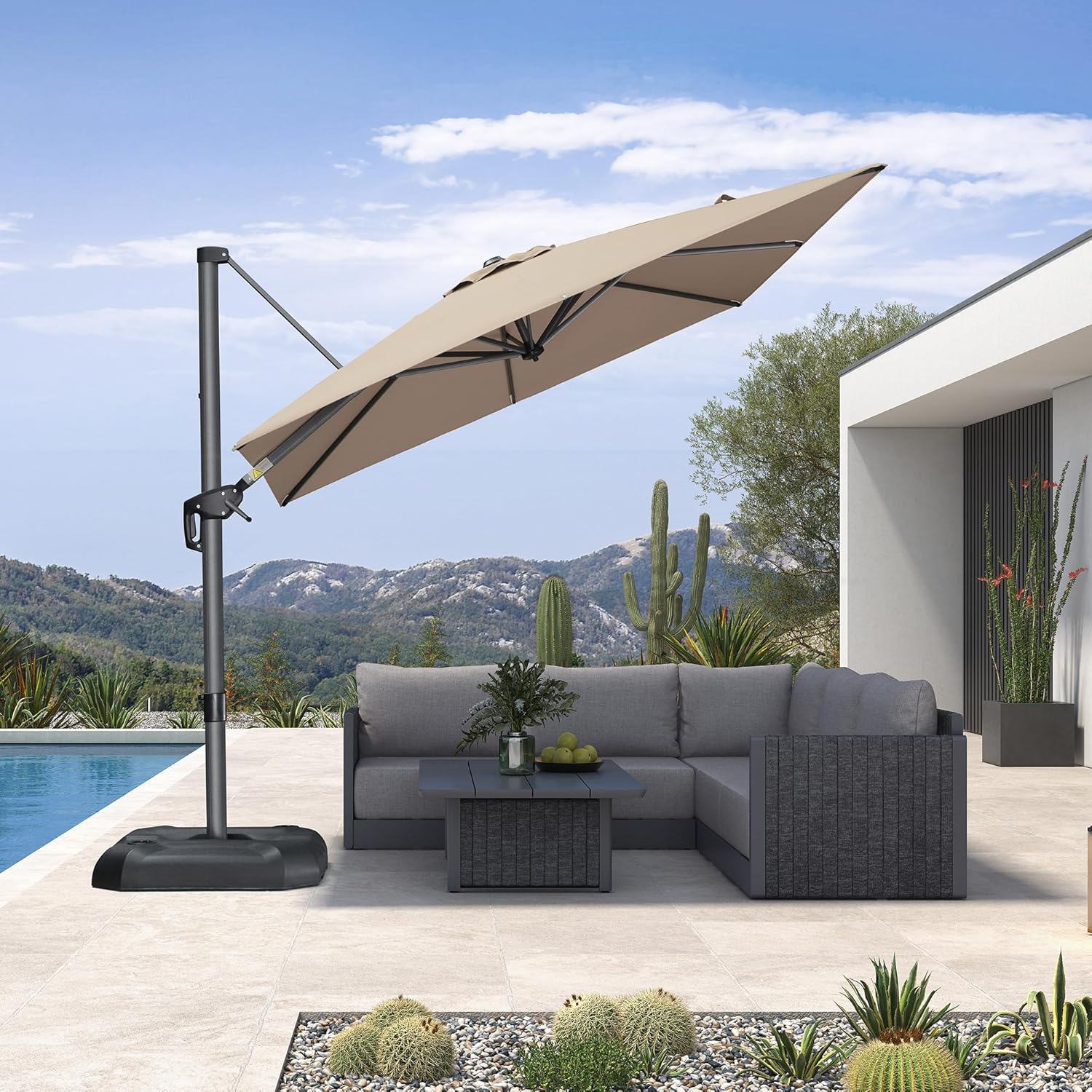 PURPLE LEAF 8 Feet Patio Umbrella Outdoor Cantilever Square Umbrella Aluminum Offset Umbrella with 360-degree Rotation for Garden Deck Pool Patio Taupe
