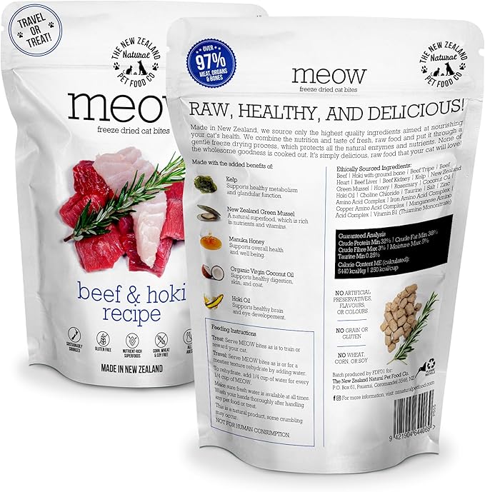 Meow Freeze Dried Cat Food - Beef & Hoki Recipe, High Protein Cat Treats, Meals & Toppers, Dry Cat Food,1.76 oz