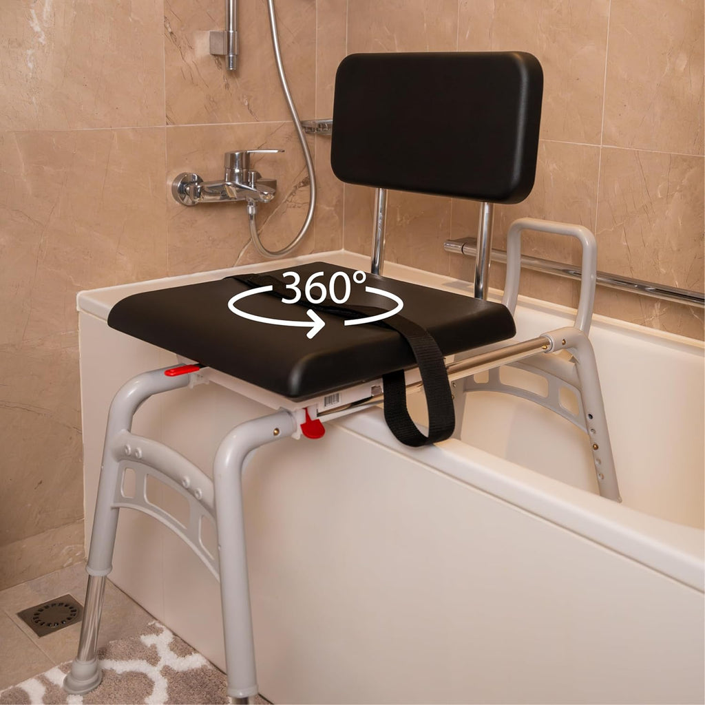 Padded Swivel Sliding Shower Chair & Transfer Bench, Height Adjustable, Heavy-Duty Capacity, for Safety Shower, for Elderly & Disabled