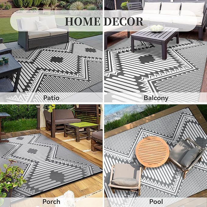 MontVoo Outdoor Rug 8x10 Waterproof Patio Rug-Outdoor Carpet Mat Reversible Plastic Straw Outside Outdoor Rug for RV Camping Picnic Beach Balcony Backyard Pool Deck Porch Modern Boho Grey