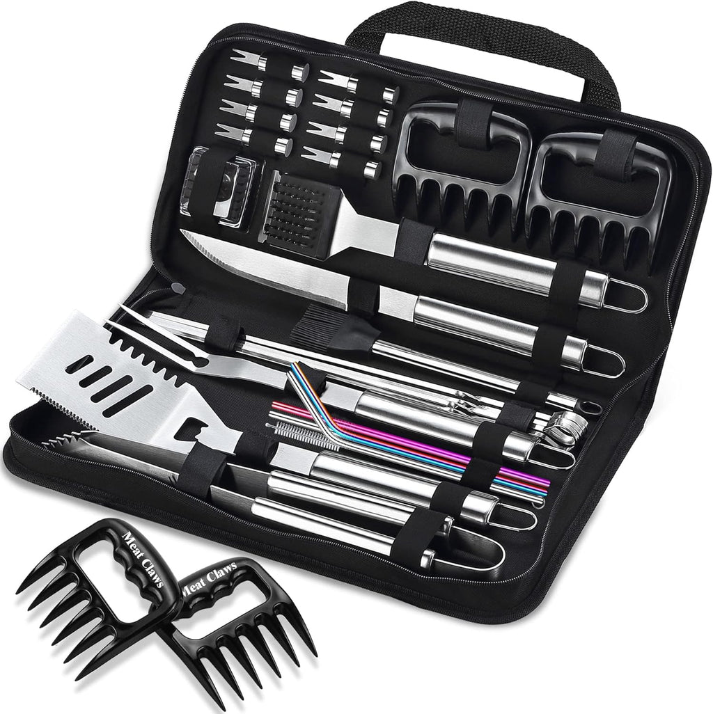 ROMANTICIST 27pcs Heavy Duty Grilling Gifts for Men Dad Fathers Day, Extra Thick BBQ Accessories Tools Set, Stainless Steel Grill Utensils Kit with Meat Claws, Carrying Bag for Outdoor Camping Silver