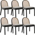Mid Century Dining Chairs Set of 6, Accent Rattan Side Chairs Linen Fabric Kitchen Chair with Solid Wooden Legs for Living Room Dining Room, Grey