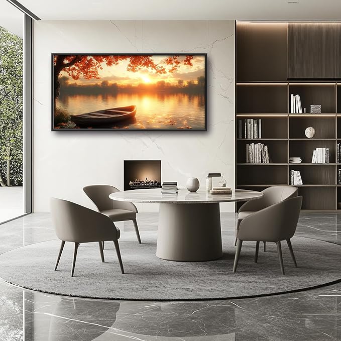 Large Lake Sunrise Landscape Wall Art for Living Room, Nature Boat Canvas Oversized Wall Decor, River Scenery Framed Pictures Painting Print Artwork for Bedroom Office 60"L x 30"W