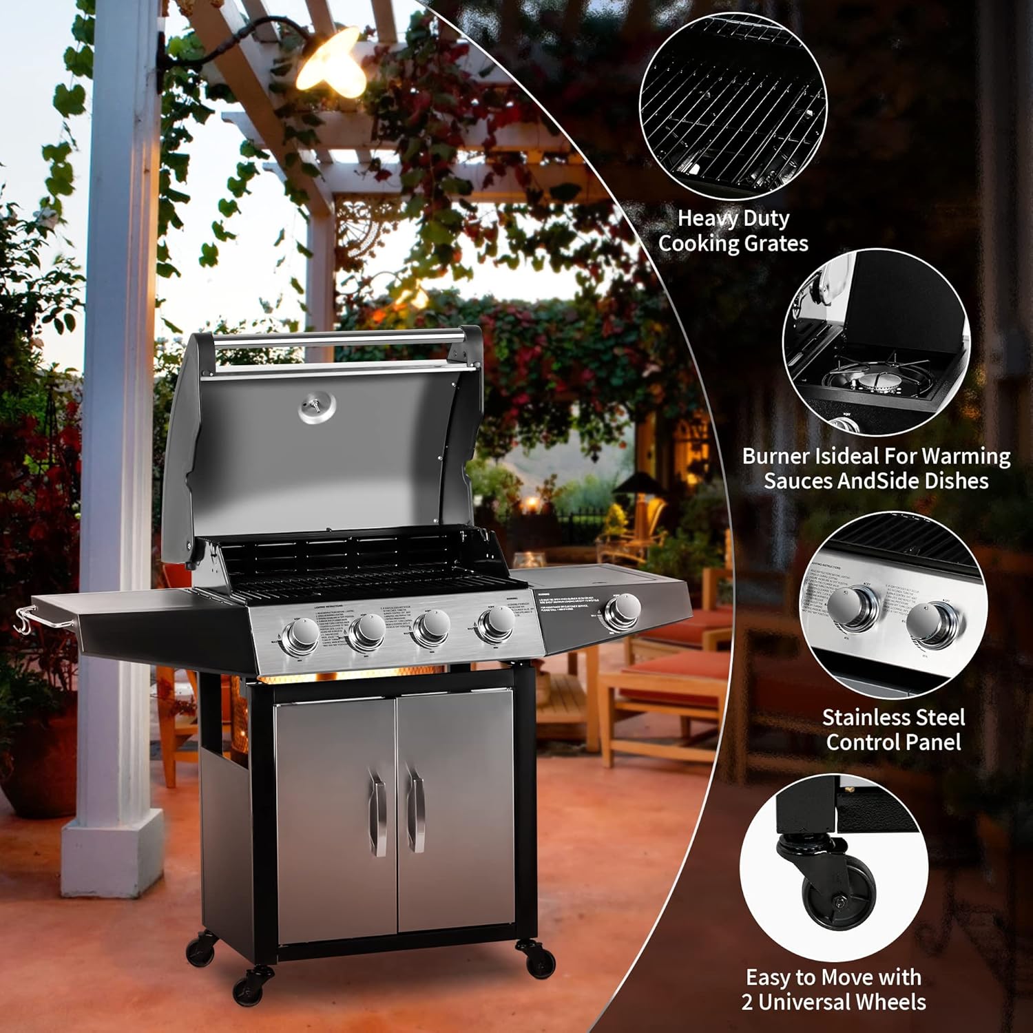 MASTER COOK 4 Burner Gas Grill, 52,000 BTU Cabinet Style Grill, Propane Grill, with Side Burner, Built with Stainless Steel