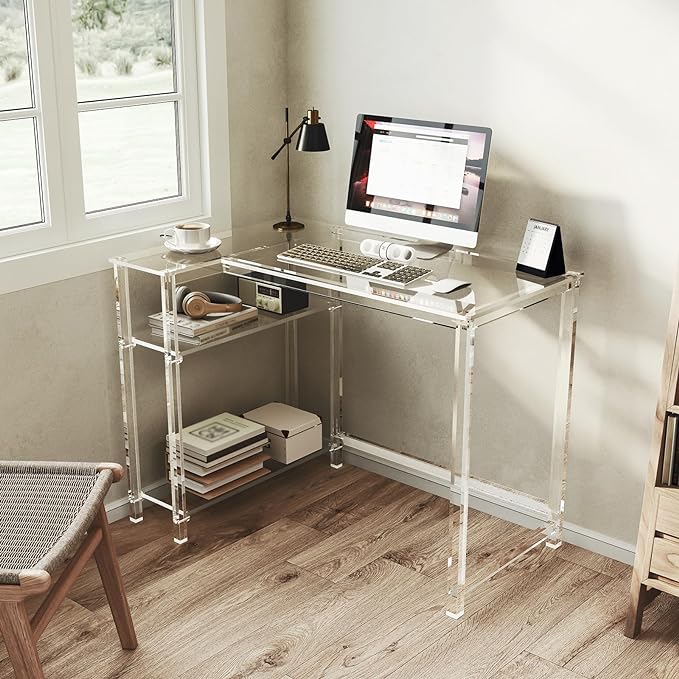 Eglaf Acrylic L-Shaped Desk - Clear Desk with Reversible Storage Shelves - Modern Home Office Desk Corner Desk for Study, Writing, Rectangular Legs, Easy Assembly, 39.4" L x 27''W x 29.5" H