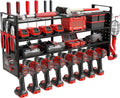 Power Tool Organizer Wall Mount - Power Tool Storage Rack with 3 Shelves, 8 Drill Holders, Bit Holder, Load 300 lbs, Pegboard Sides Storage for Tools- Garage Drill Organizer, Ultimate Workshop Station