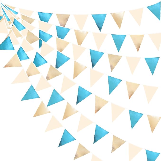 Champagne Gold and Sky Blue Metallic Fabric Triangle Pennant Banner, 32 Feet