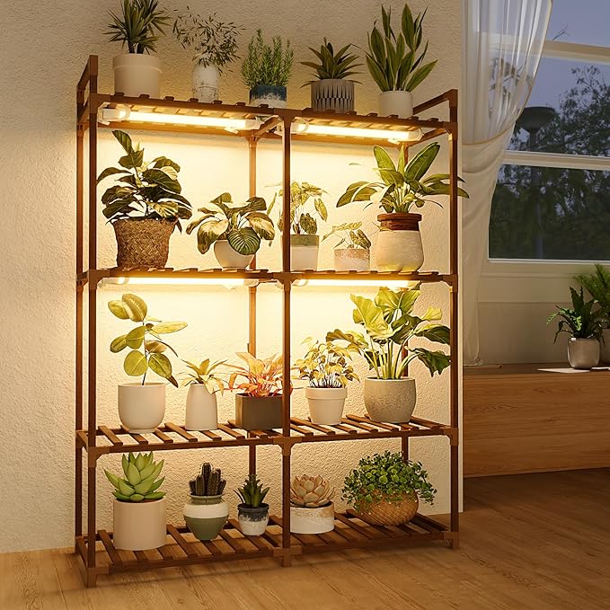 Bamworld Plant Stand with Grow Lights for Indoor Plants Wood Plant Shelf 4 Tier Large Flower Stand for Mutiple Plant Holder Rack for Patio Living Room Balcony